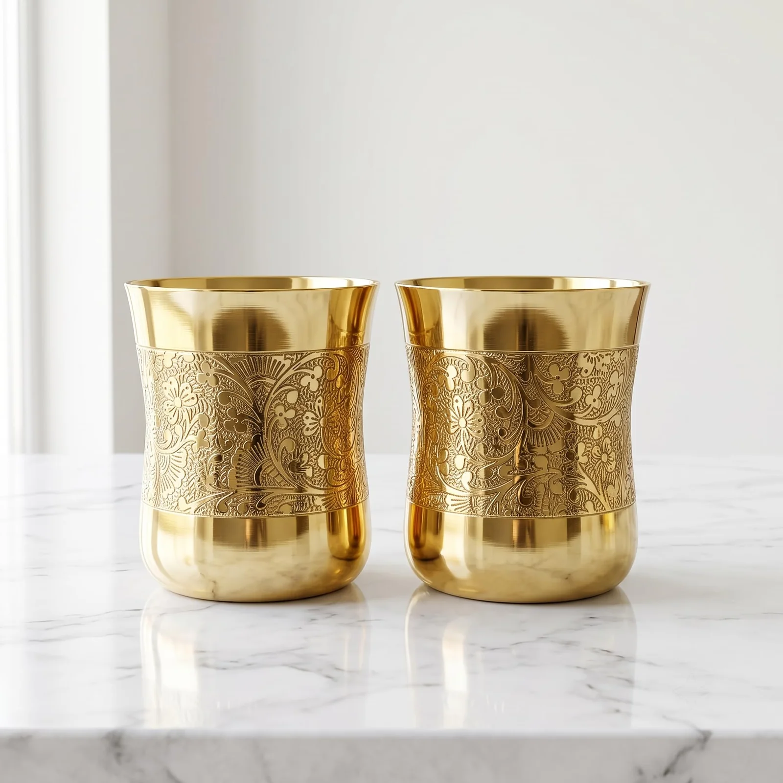 Pure Brass Damru Drinking Glass Tumblers Set of 2 Pure Brass Damru Drinking Glass Tumblers Set of 2 Studio Hero View