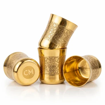 Pure Brass Damru Drinking Glass Tumblers Set of 4 with CM Base Seal View