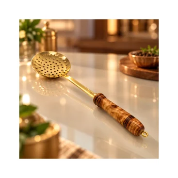 Pure Brass Skimmer Strainer with Wooden Handle (14.5 Inch) - Copper Master