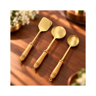 Pure Brass Round Palta, Ladle & Curve Turner Set (Set of 3) - Copper Master