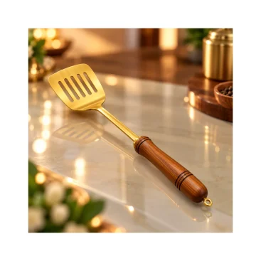 Pure Brass Turner & Strainer with Wooden Handle (14.5 Inch) - Copper Master