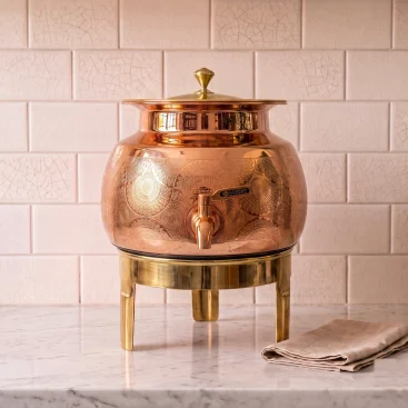 Handcrafted Floral Etched Pure Copper Water Dispenser Matka Pot with Brass Stand and Brass Tap - Copper Master