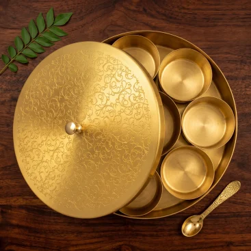 Pure Brass Masala Box with 7 Katoris and Brass Spoon featuring Roots Hand-Etched Artisanal Lid - Copper Master