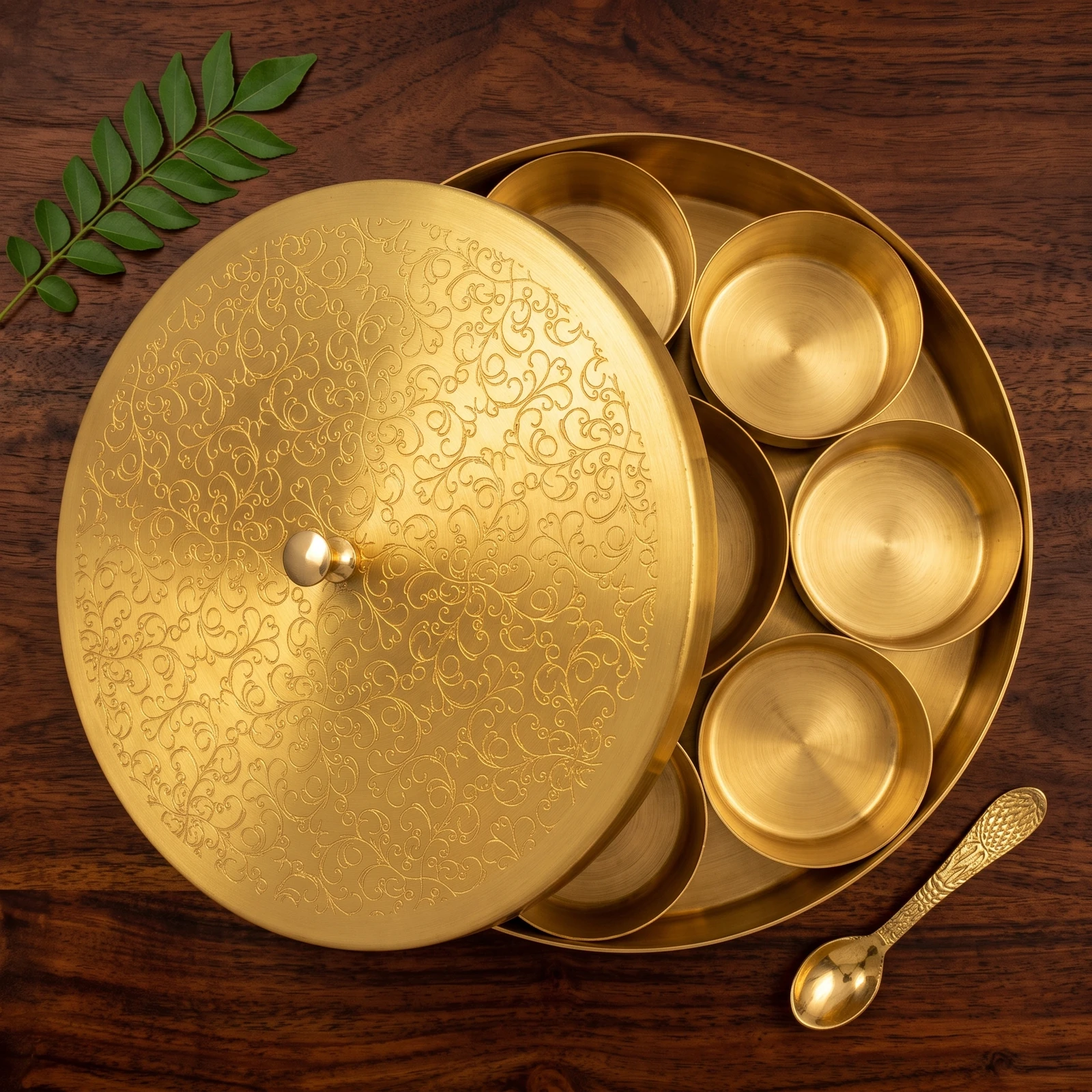 Pure Brass Masala Box with 7 Katoris & Spoon (Roots Hand-Etched Design) - Copper Master Pure Brass Masala Box with 7 Katoris and Brass Spoon featuring Roots Hand-Etched Artisanal Lid - Copper Master