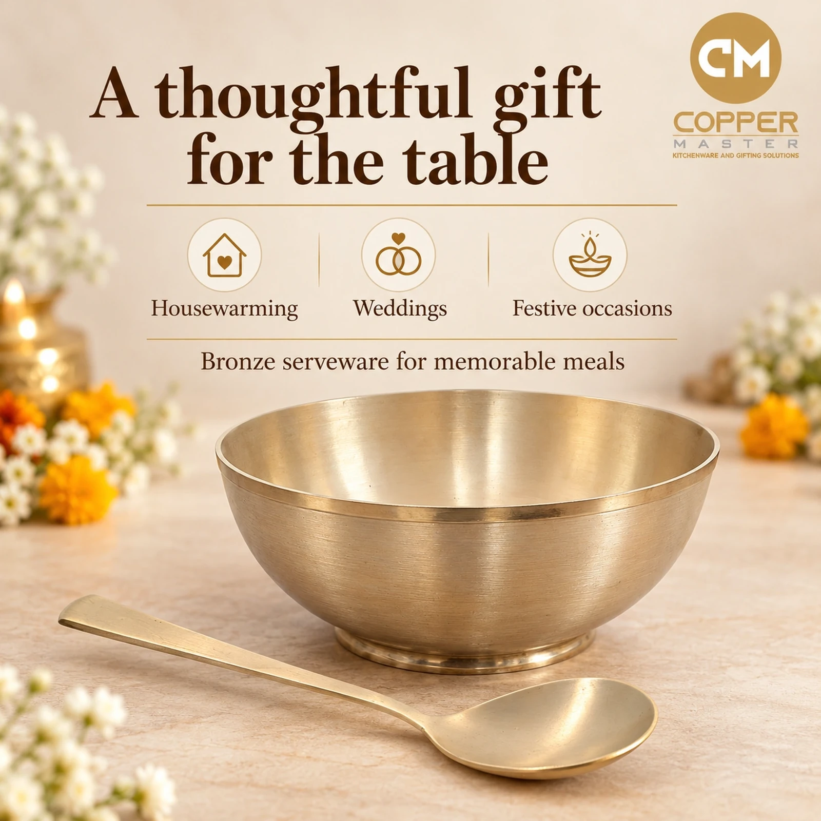 Pure Bronze (Kansa) Royal Serving Bowl with Serving Spoon Set Lifestyle Feature